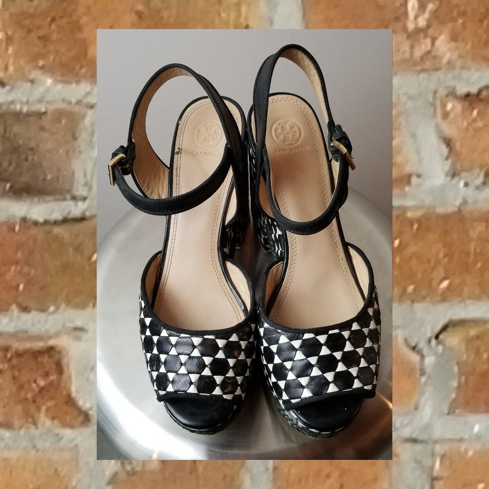 Tory Burch Black and White Print Chunky Sandals
